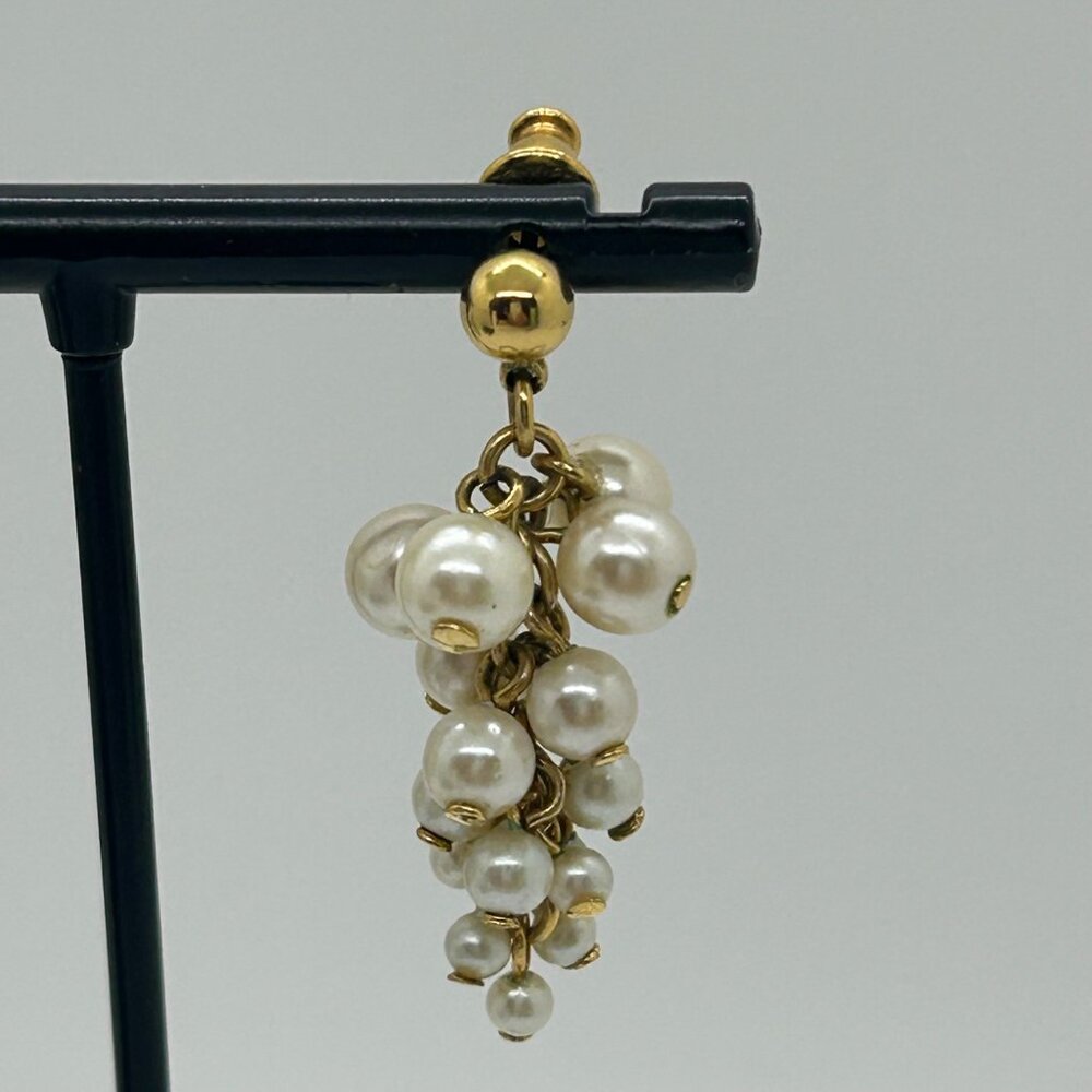 Vintage Faux Pearl Cluster Earrings Gold-Tone Dangle Wedding Prom Elegant - Picture 10 of 14